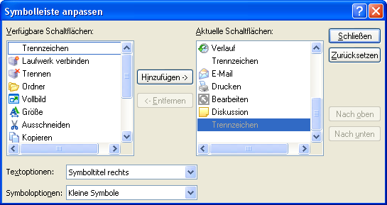 Dialog zu Anpassung der Symbolleiste